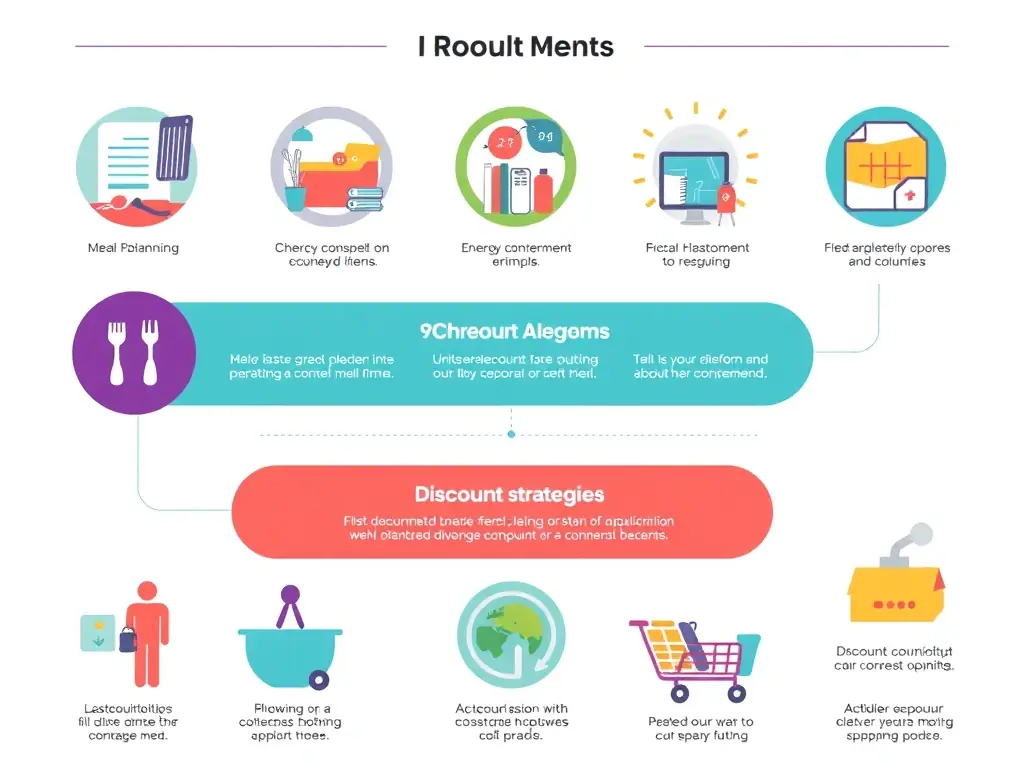 A detailed infographic showcasing various money-saving tips and strategies, such as meal planning, energy conservation, and discount shopping.