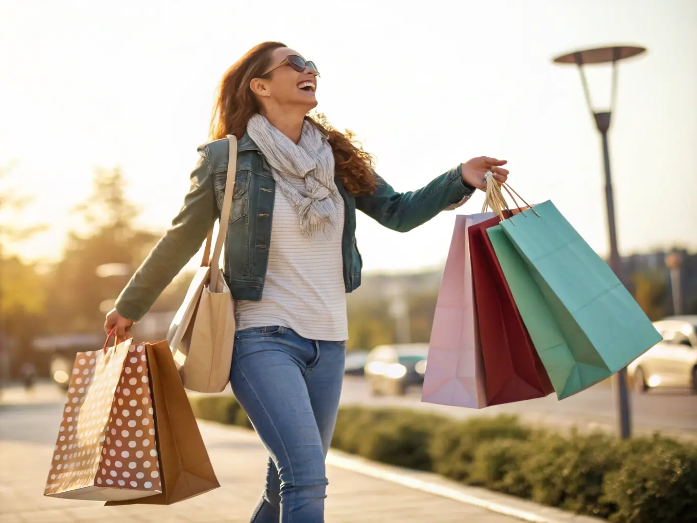 A person happily holding shopping bags, with a smartphone displaying a discount code in the foreground, symbolizing successful savings through online deals.