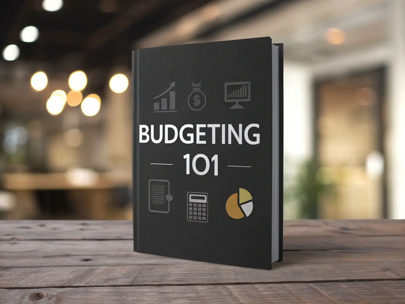 A downloadable PDF guide cover with a title 'Budgeting for Beginners' and a simple graph showing income and expenses.