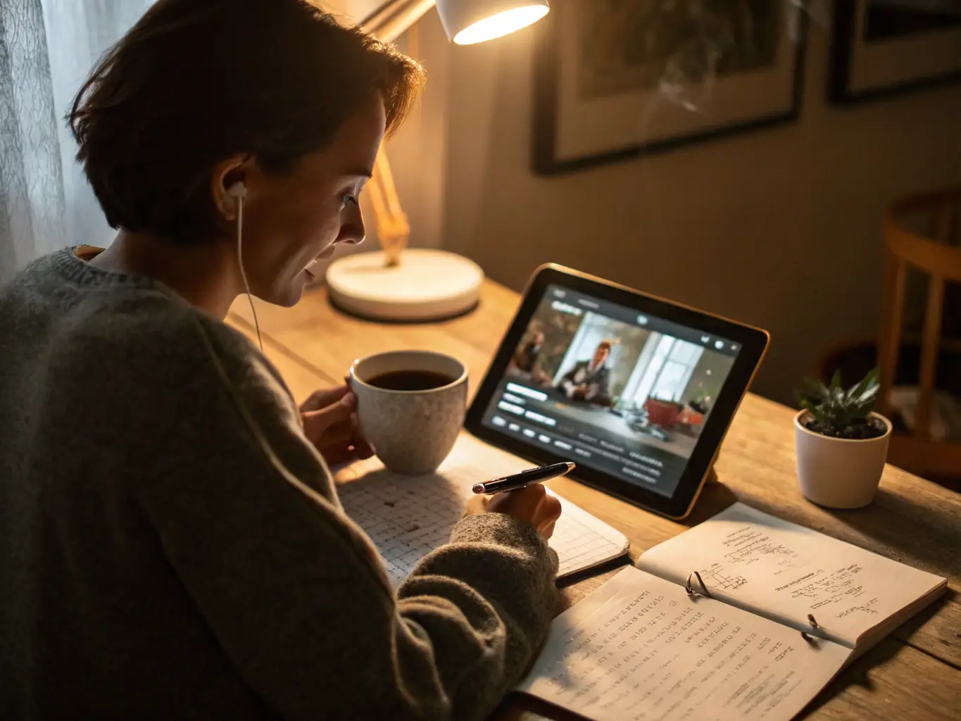 A person happily reviewing a budget template on a tablet, surrounded by financial documents and a calculator, symbolizing effective money management.