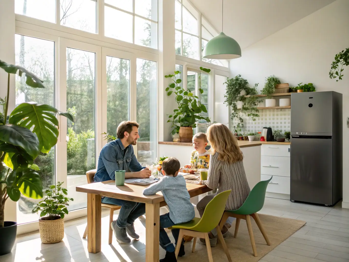 A family happily planning their budget together, using a tablet to view current promotional offers and discounts for various family needs.