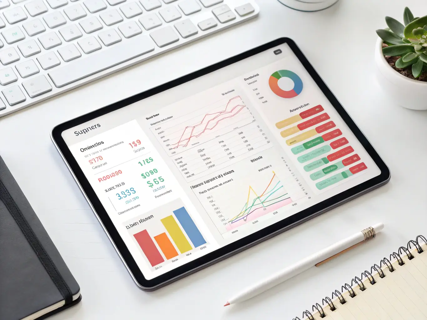 A visual representation of tracking expenses, showing a pie chart with different spending categories and a person analyzing the data.