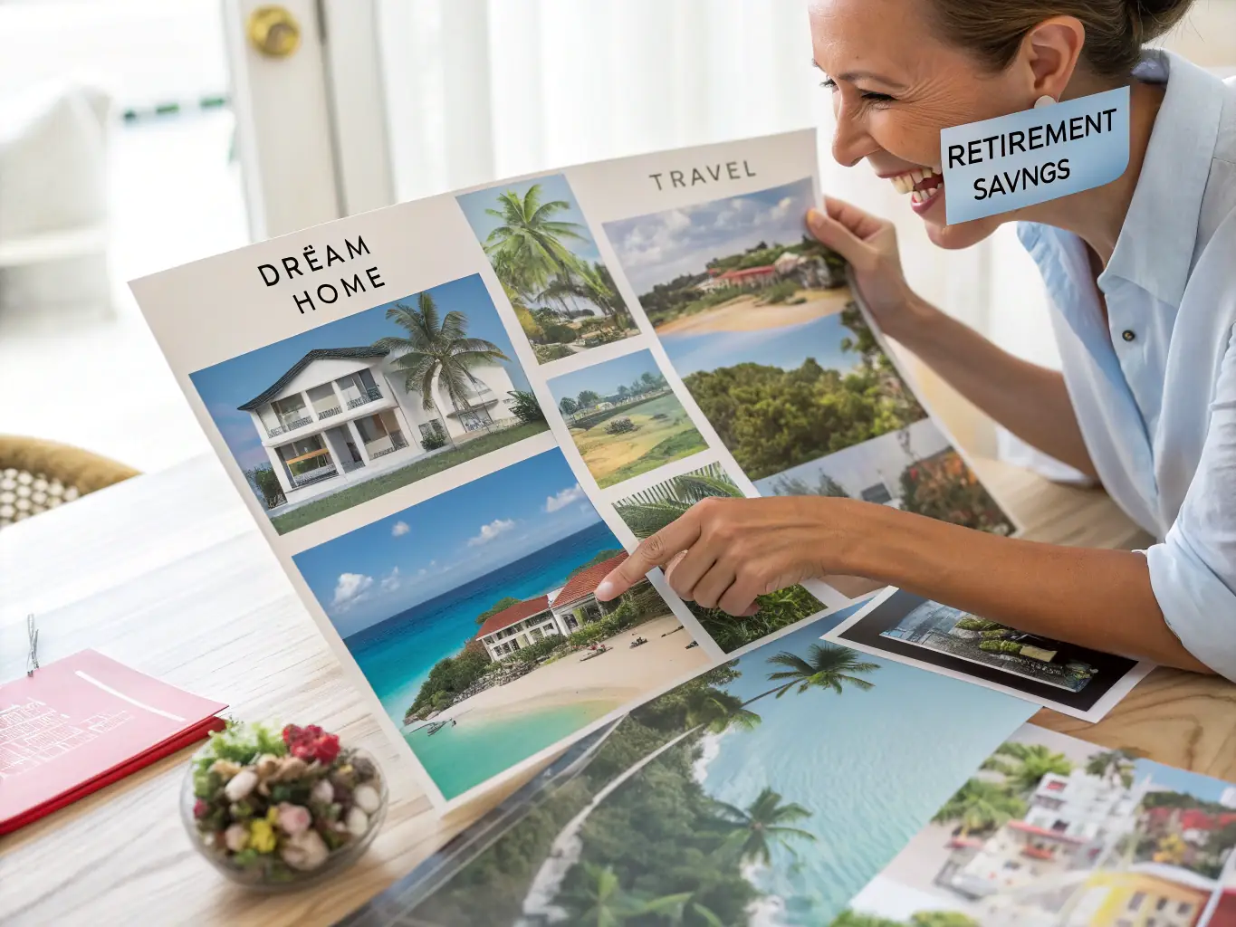 An image of a person setting financial goals on a vision board, surrounded by images representing their aspirations, such as travel, homeownership, and education.