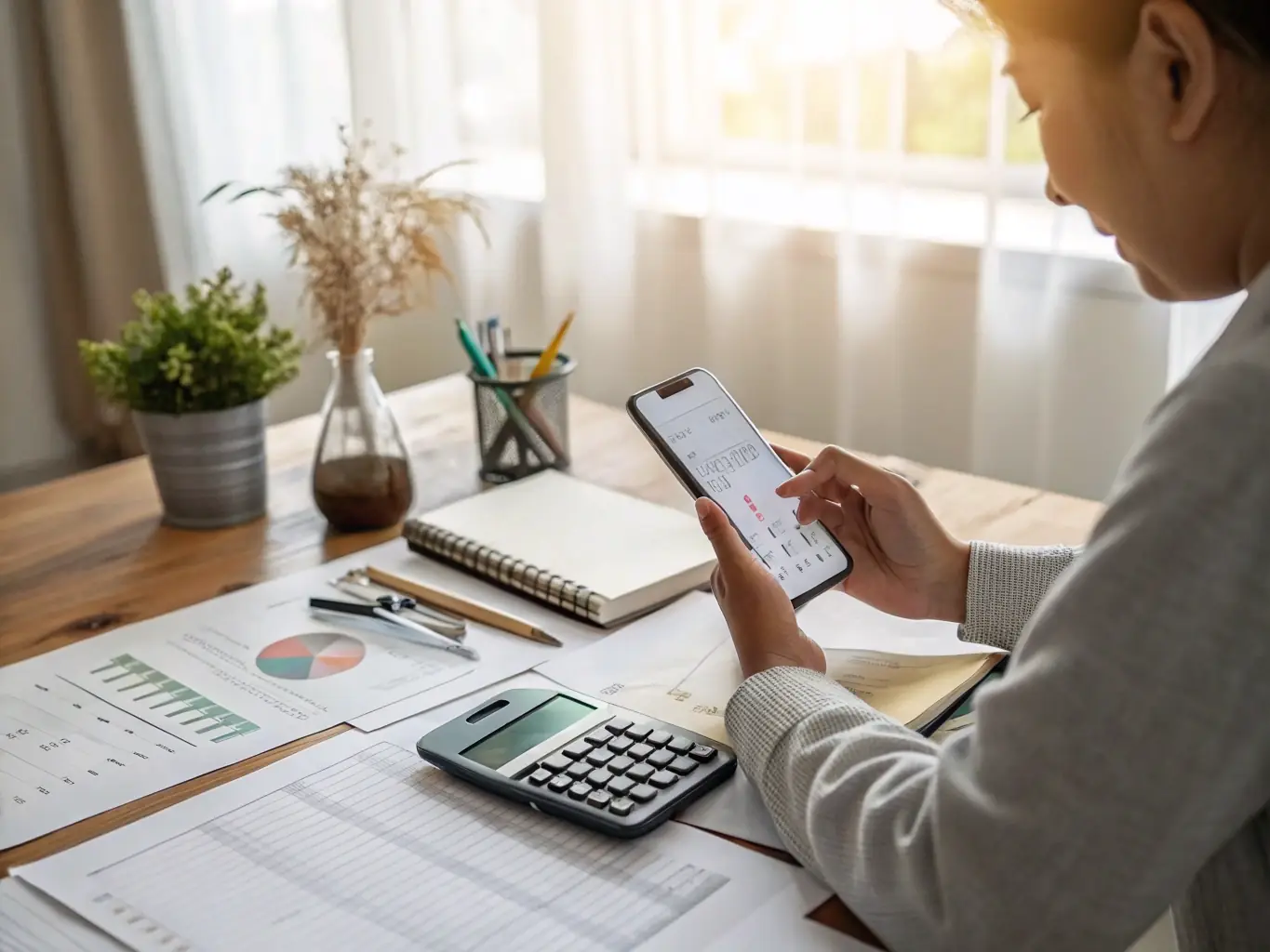 A person using a budgeting app on their smartphone while sitting at a desk with financial documents and a calculator, symbolizing modern budgeting techniques.